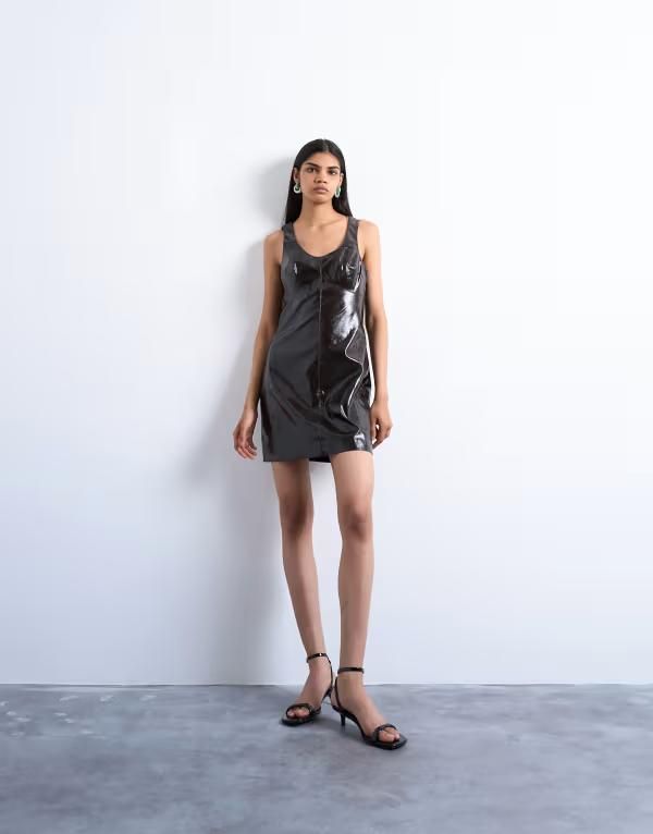 トップショップ レディース トップス ワンピース ミニワンピース ミニ Topshop vinyl seamed detail mini dress in washed BROWN ブラウン