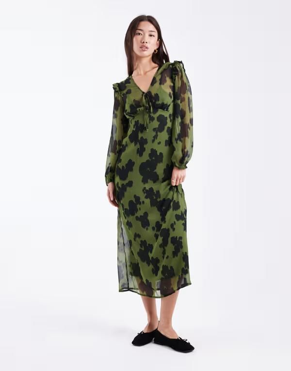 ウェンズデーガール レディース トップス ワンピース Vネック Wednesdays Girl bold bloom vneck midaxi dress Khaki カーキ