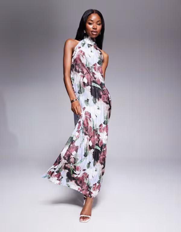 エイソス レディース トップス ワンピース フラワー柄 マキシ フラワー ホルター ASOS DESIGN plisse halter tie maxi dress in dark floral Dark floral