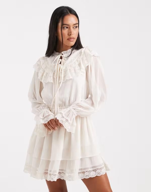 ミスセルフフリッジ レディース トップス ワンピース シフォン フリル ミニ Misselfridge chiffon victoriana ruffle mini dress in ecru エクリュ