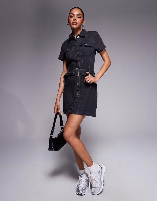 リキュールアンドポーカー レディース トップス ワンピース ミニワンピース ミニ デニム Liquor N Poker short sleeve denim button up 60s style mini dress with chunky belt was