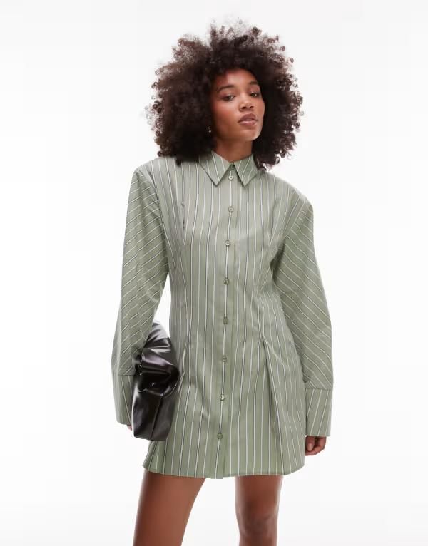 エイソス レディース トップス ワンピース ミニワンピース ミニ シャツ ASOS DESIGN cinched shoulder pads shirt mini dress in sage and white stripes Sage セージ 7,860円