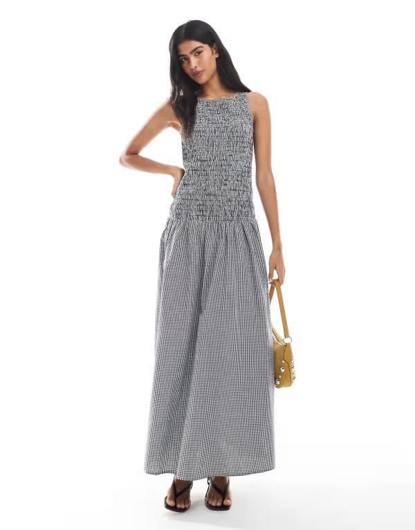 オンリー レディース トップス ワンピース マキシワンピース ギンガムチェック マキシ ギンガム ONLY dropped waist shirred maxi dress gingham Black ブラック