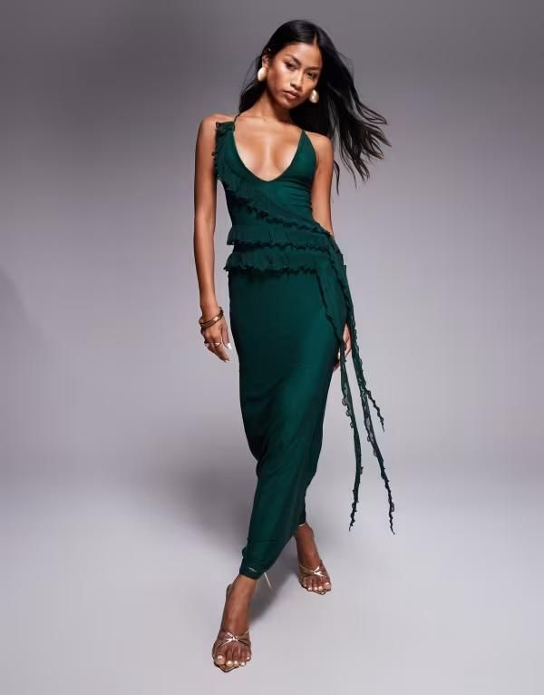 エイソス レディース トップス ワンピース マキシワンピース フリル マキシ ASOS DESIGN ruffle maxi dress with tie up back in dark Dark Green グリーン