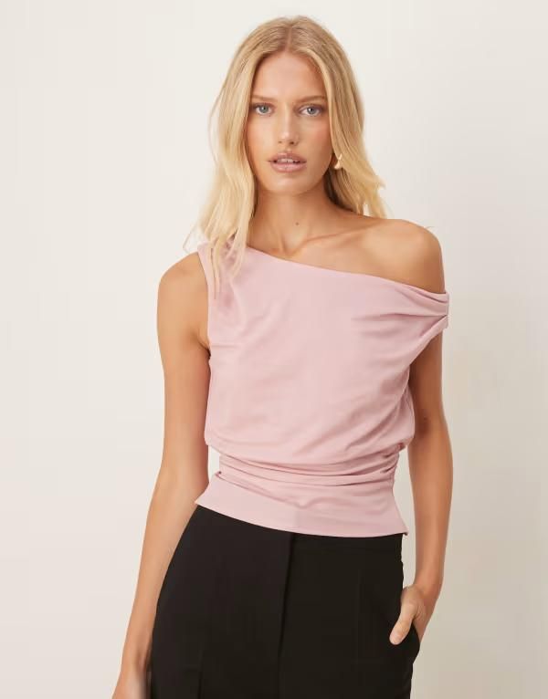 エイソス レディース トップス タンクトップ ドレープ ワンショルダー リネン ASOS DESIGN linen look oneshoulder draped topink ピンク