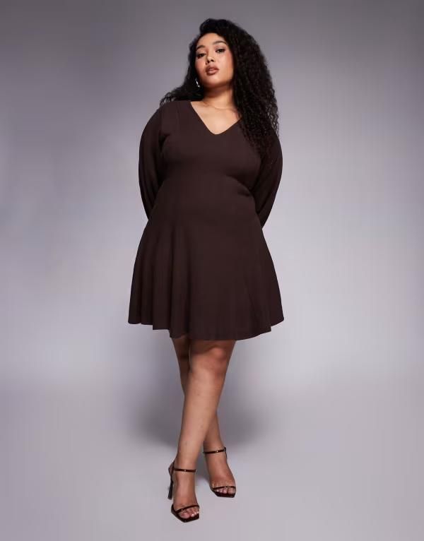 エイソス レディース トップス ワンピース Vネック ミニ ASOS Curve ASOS DESIGN Curve supersoft V neck fit and flare with seam detail mini dress in chocolate