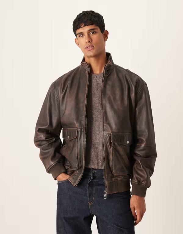 エイソス メンズ アウター ジャケット・ブルゾン ヴィンテージ レザー ASOS DESIGN realeather vintage look bomber jacket BROWN ブラウン