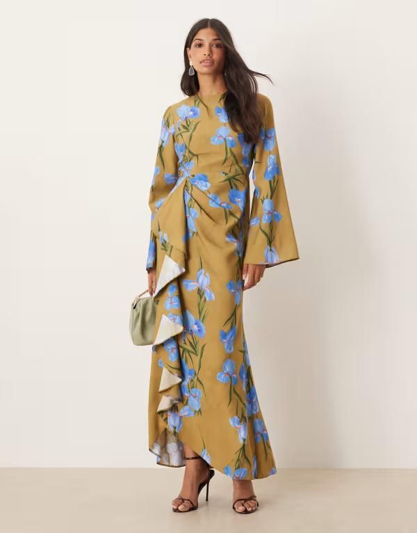 エイソス レディース トップス ワンピース マキシワンピース フラワー柄 プリント フリル スカート マキシ フラワー ASOS DESIGN long sleeve maxi dress with ruffle skirt in oversized gree