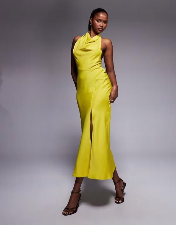 エイソス レディース トップス ワンピース ハイネック ミディワンピース ミディ サテン ASOS DESIGN satin high neck midi dress with cross strap detail in chartreuse Chartreu