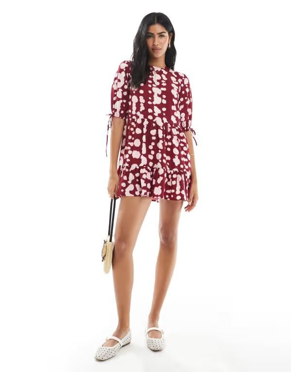 ウェンズデーガール レディース トップス ワンピース プリント Wednesdays Girl smudgy dot print smock dress and Burgundypink バーガンディ