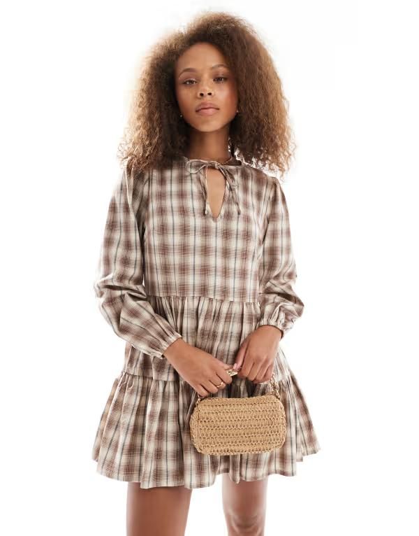 ウェンズデーガール レディース トップス ワンピース ミニ Wednesdays Girl tiedetail plaid mini smock dress BEIGE ベージュ
