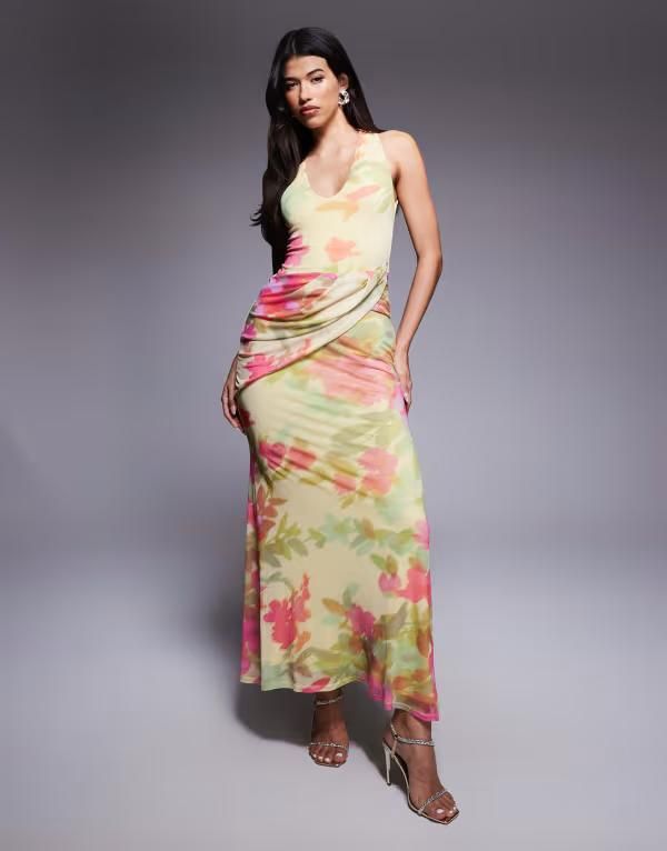 エイソス レディース トップス ワンピース マキシワンピース フラワー柄 プリント メッシュ マキシ フラワー ASOS DESIGN mesh plunge neckline maxi dress with wrap sash detail in butte