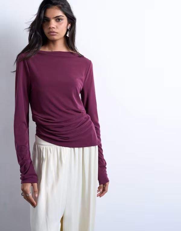 トップショップ レディース トップス Tシャツ Topshop cupro long sleeve hitch sidetail top Burgundy バーガンディ