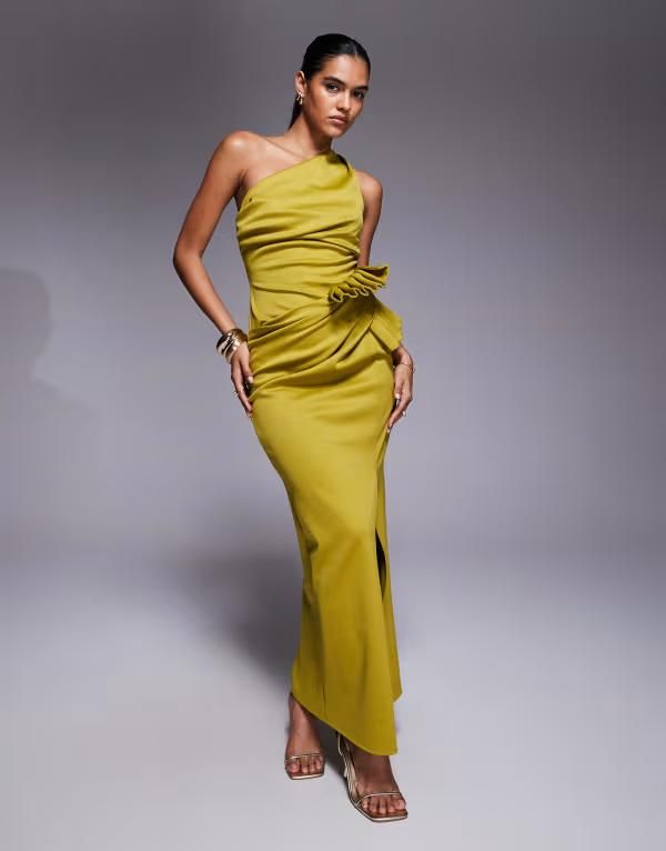 エイソス レディース トップス ワンピース ミニワンピース プリーツ ミニ スキューバ ASOS DESIGN scuba one shoulder pleated detail mini dress Green グリーン