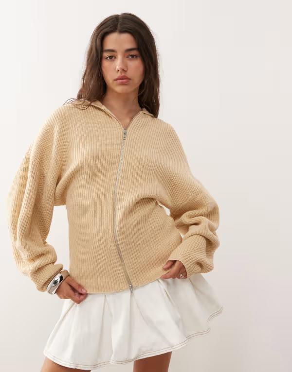 モンキ レディース アウター ニット・セーター ウエストマーク セーター ニット Monki knit hooded sweater with double zip and cinched waist detail Beige ベージュ