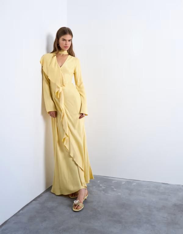 トップショップ レディース トップス ワンピース マキシワンピース フリル マキシ Topshop long sleeve ruffle maxi dress with scarf wrap detail in buttermilk Buttermilk