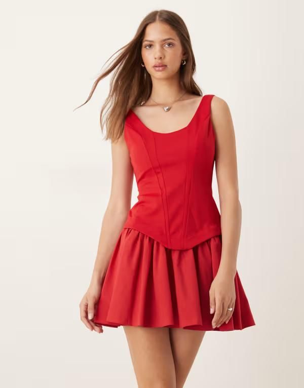 エイソス レディース トップス ワンピース ミニワンピース ミニ ASOS DESIGN corset seam detail dropped waist mini dress RED レッド