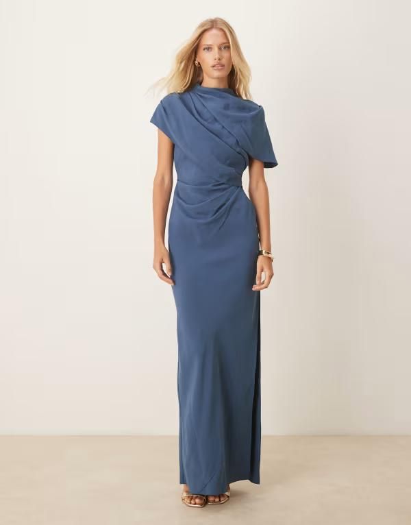 エイソス レディース トップス ワンピース ケープデザイン ハイネック ドレープ キャップ ケープ マキシ ASOS DESIGN high neck drape bodice cape maxi dress in slate Blue ブルー