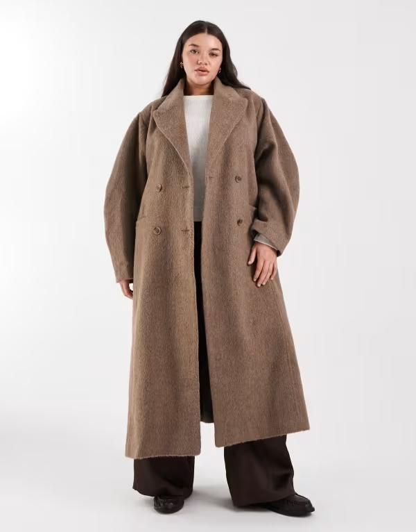 エイソス レディース アウター コート ASOS Curve ASOS DESIGN Curve brushed coat with dome sleeves and skinny belt in mushroom Brown ブラウン