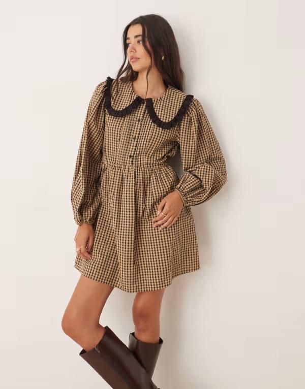 ミスセルフフリッジ レディース トップス ワンピース Miss Selfridge long sleeve collared tea dress in check PLAID チェック