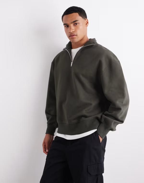 エイソス メンズ アウター パーカー・スウェット ハーフジップ ASOS DESIGN premium heavyweight oversized quarter zip Elegance カーキ