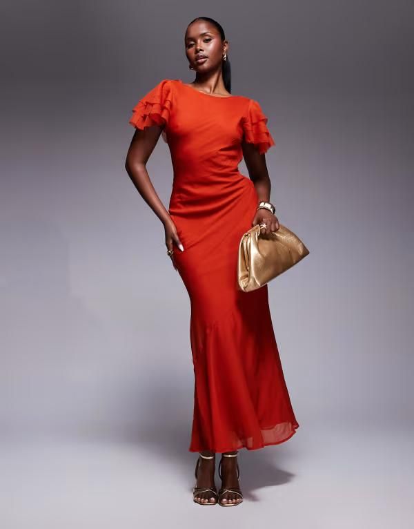 エイソス レディース トップス ワンピース ハイネック フリル ASOS DESIGN ruffle sleeve high neck midaxi dress RED レッド