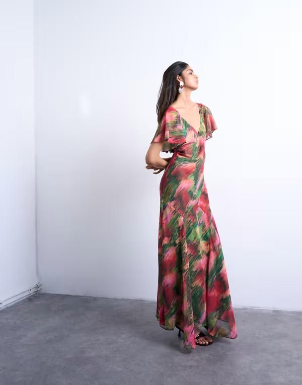 トップショップ レディース トップス ワンピース ミディワンピース フラワー柄 ミディ フラワー Topshop flutter sleeve godet hem midi dress in blurred floral Multi マルチカラー