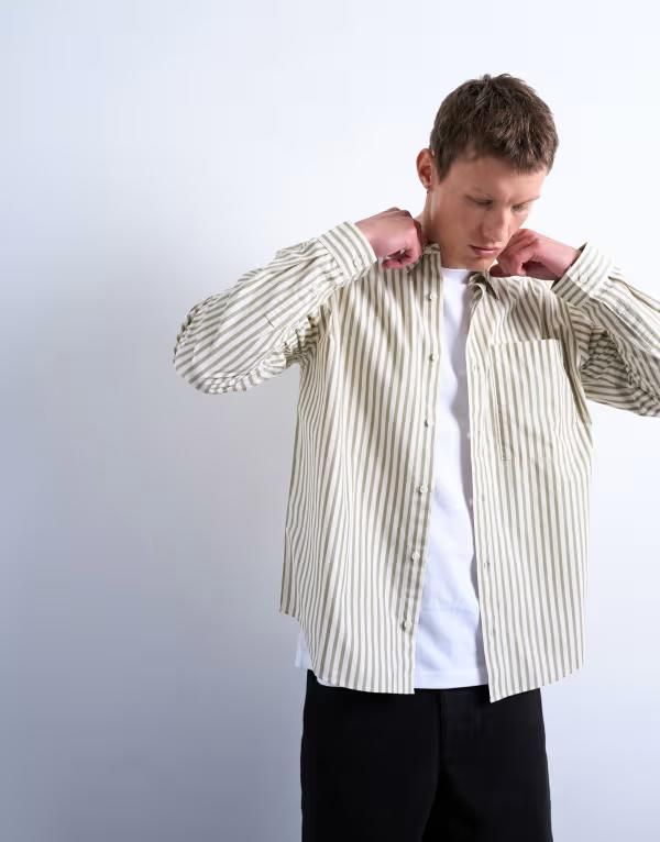 トップマン メンズ トップス シャツ リラックスフィット Topman relaxed fit stripe shirt in dusty GREEN グリーン