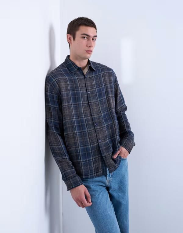 トップマン メンズ トップス シャツ レギュラーフィット シアー Topman regular fit sheer check shirt Navy check ネイビー