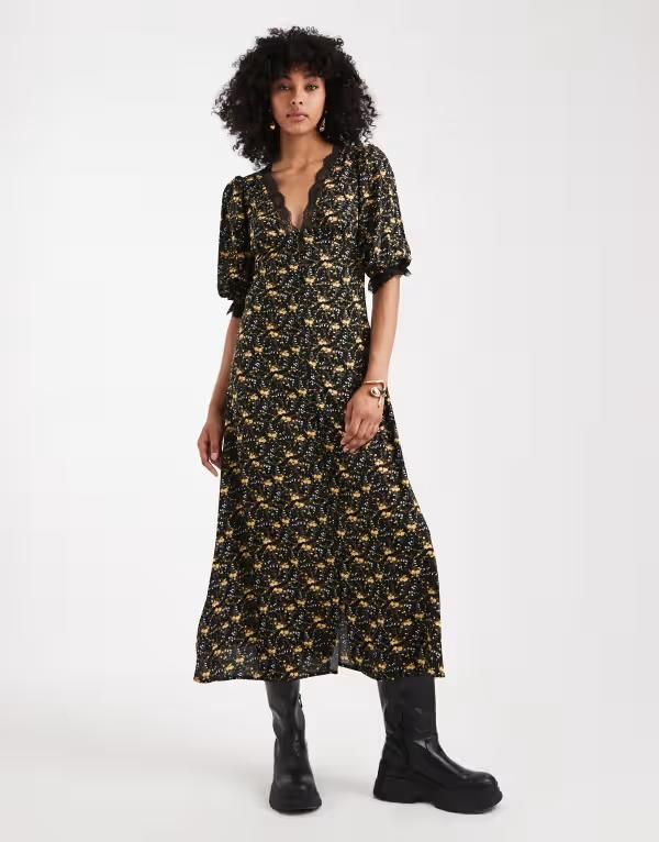 ミスセルフフリッジ レディース トップス ワンピース レーストリム マキシワンピース レース マキシ Miss Selfridge lace trim button up maxi dress ditsy YELLOW FLORAL イエロー