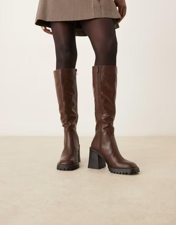 レイド レディース シューズ ブーツ・レインブーツ ヒール RAID Adilah block heel knee boots Brown pu ブラウン