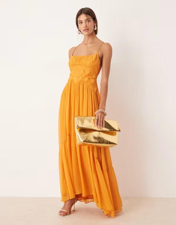 エイソス レディース トップス ワンピース マキシワンピース ギャザー マキシ ASOS DESIGN ruched bust cami maxi dress with lattice waist detail in orangeオレンジ