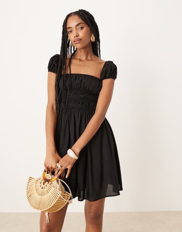 エイソス レディース トップス ワンピース ミディワンピース ミディ ASOS DESIGN square neck midi dress with cinched channel waist Black ブラック