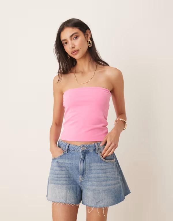 エイソス レディース トップス ベスト コットン ASOS DESIGN peached cotton long line bandeau top PINK ピンク