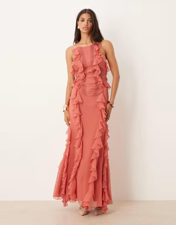 エイソス レディース トップス ワンピース マキシワンピース フリル マキシ ASOS DESIGN ladder trim ruffle maxi dress in rose Rose