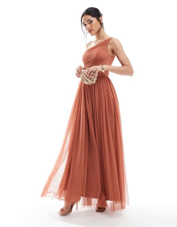 レース アンド ビーズ レディース トップス ワンピース マキシ Lace Beads Bridesmaid one shoulder maxi dress in terracotta rose テラコッタ