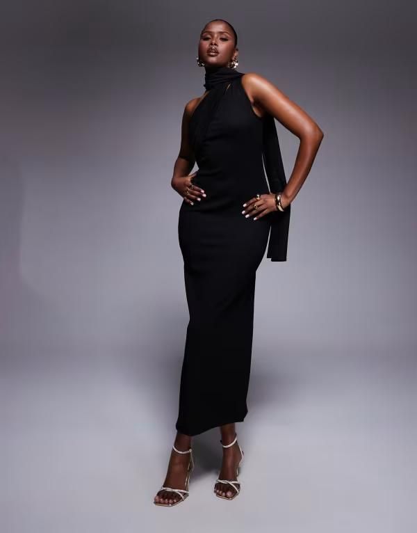 エイソス レディース トップス ワンピース ミディ シアー ASOS DESIGN textured crinkle one shoulder midi dress with sheer neck tie sash Black ブラック