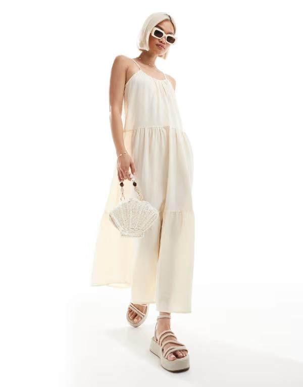 ブレーブソウル レディース トップス ワンピース マキシ Brave Soul strappy maxi dress with smock detail in buttermilk yellow CREAM クリーム