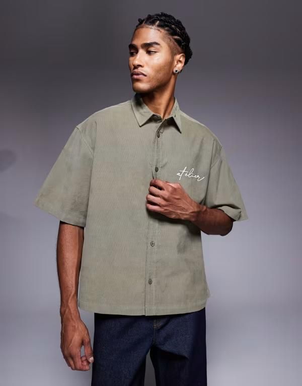 エイソス メンズ トップス シャツ ASOS DESIGN boxy oversized cord shirt with chest embroidery Khaki カーキ 9,225円