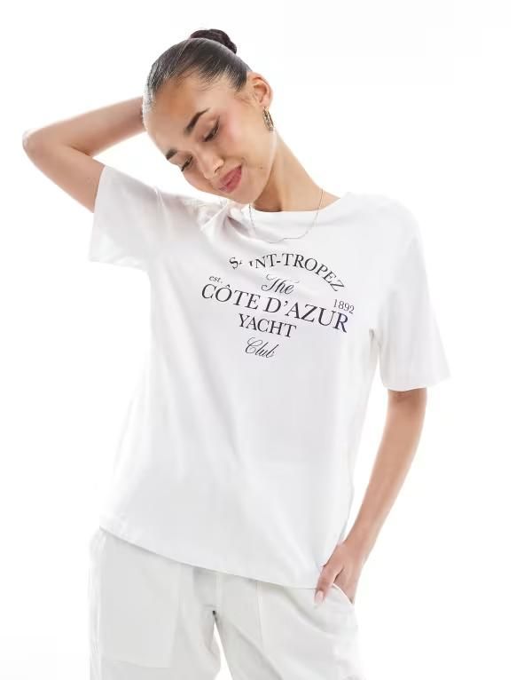 ピーシーズ レディース トップス Tシャツ グラフィック Pieces Cote DAzur graphic tee Bright White ホワイト