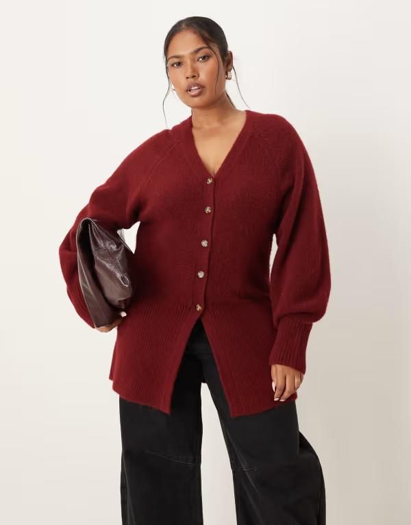 エイソス レディース アウター カーディガン Vネック ASOS Curve ASOS DESIGN Curve Vneck longline cardigan with waist detail in fluffy yarn Burgundy バーガンディ