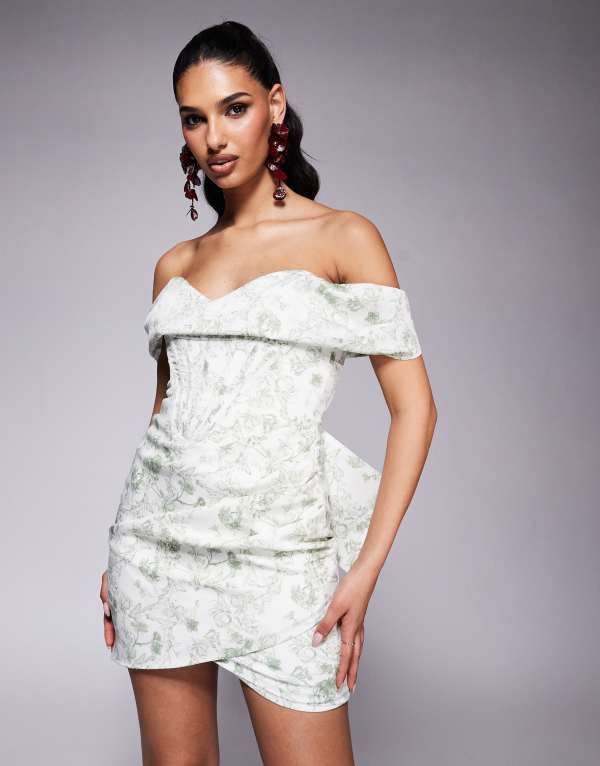 ラビッシュアリス レディース トップス ワンピース ミニワンピース プリント ミニ レース Lavish Alice off shoulder lace up mini dress print Green Print グリーン
