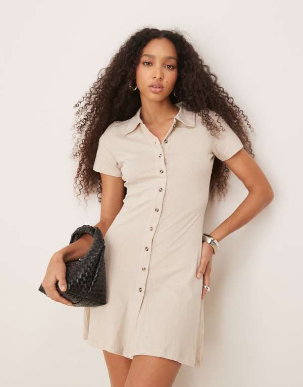 エイソス レディース トップス ワンピース ミニ キャップ ASOS DESIGN collared mini column tea dress with button front and cap sleeve in stone STONE ストーン
