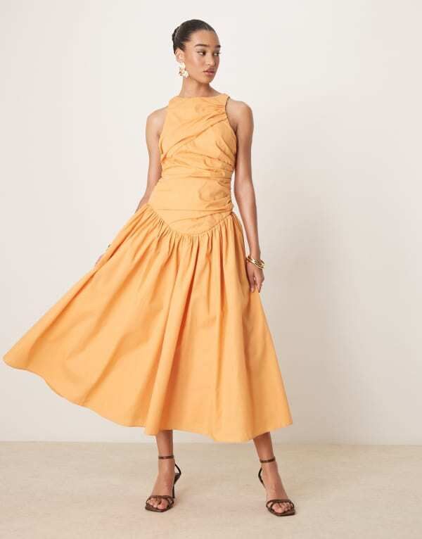エイソス レディース トップス ワンピース マキシワンピース ギャザー スカート マキシ ASOS DESIGN structured ruched full skirt maxi dress in apricot Soft apricot アプリコット