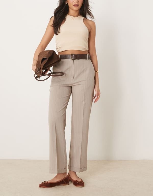 エイソス レディース ボトムス カジュアルパンツ パンツ ASOS DESIGN tailored slim straight pants with belt in mink stripe Mink Stripe ミンク