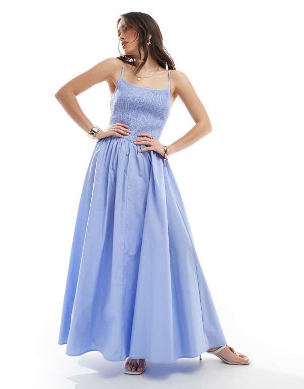 フォースレックレス レディース トップス ワンピース マキシワンピース ギャザー スカート マキシ 4th Reckless shirred cami v waist ruched skirt maxi dress BLUE ブルー