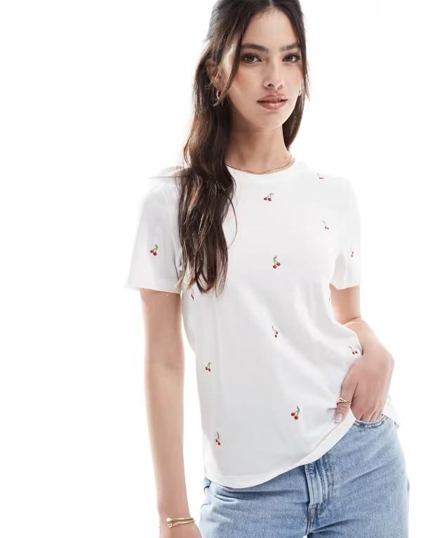 オンリー レディース トップス Tシャツ クルーネック ONLY cherry embroidery crew neck Tshirt WHITE ホワイト