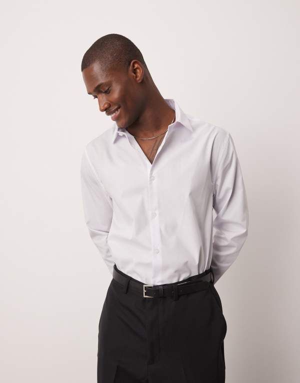 エイソス メンズ トップス シャツ ASOS DESIGN formal easy iron poplin regular shirt WHITE ホワイト