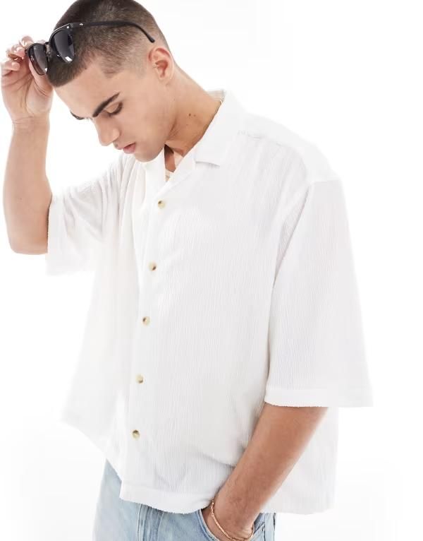 エイソス メンズ トップス シャツ ジャージー ASOS DESIGN oversized jersey textured shirt White ホワイト