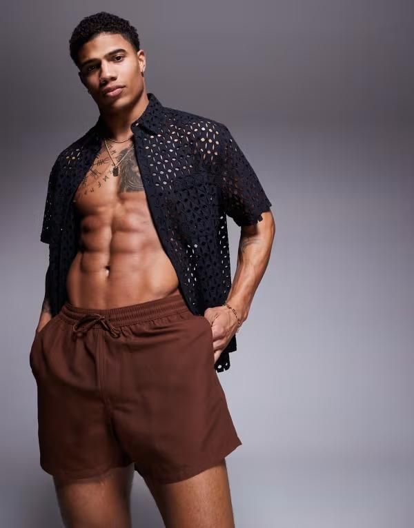 エイソス メンズ 水着 ハーフパンツ・ショーツ ショートパンツ ASOS DESIGN swim shorts in short length in dark brown ブラウン